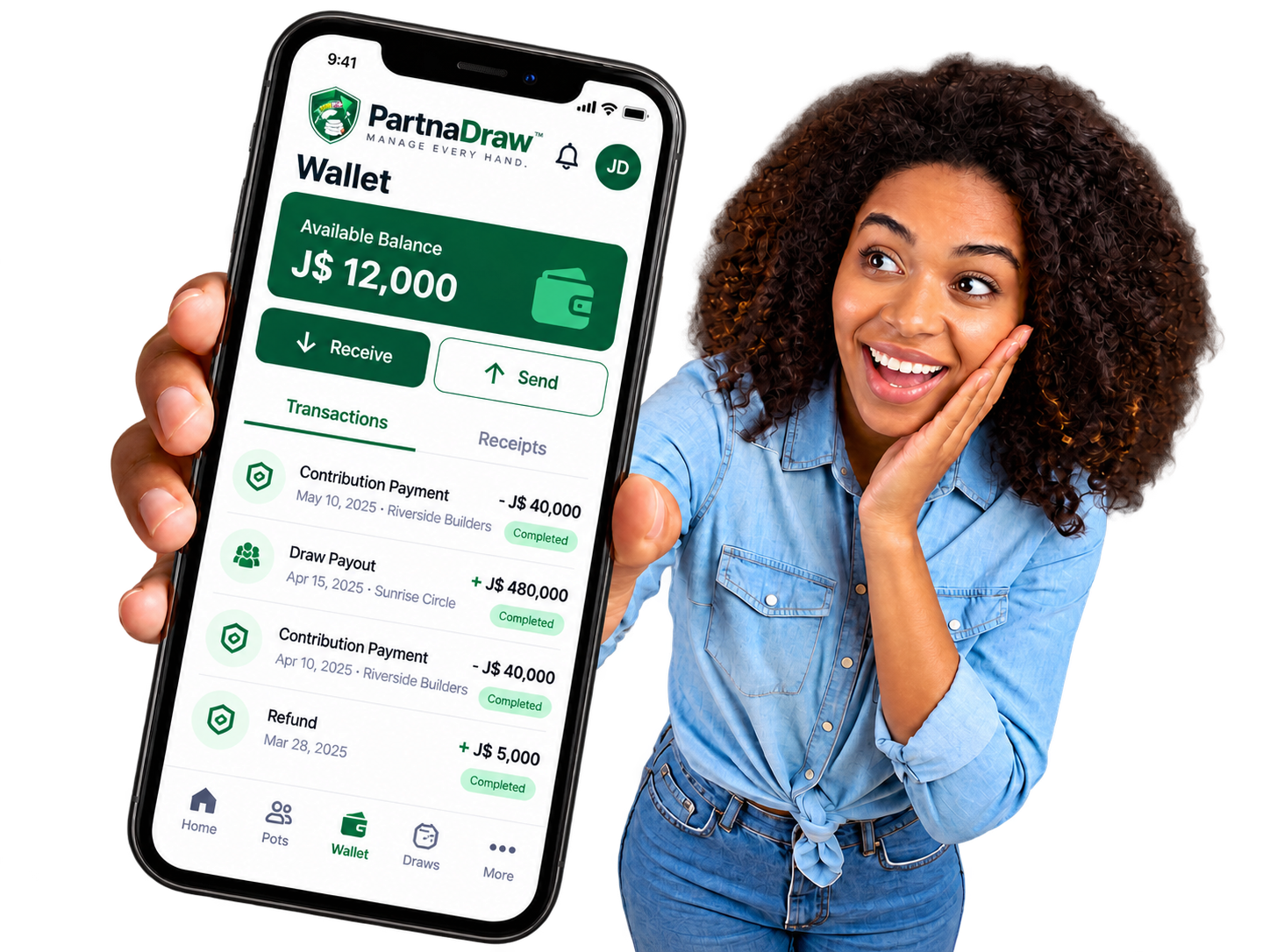 Excited woman holding a phone showing the PartnaDraw wallet app